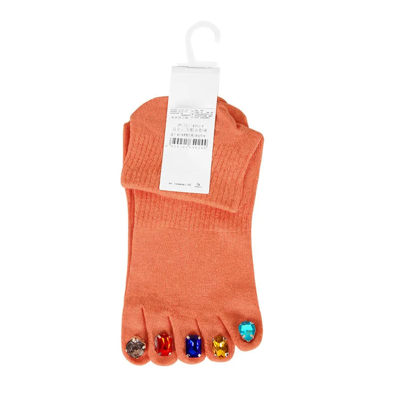 Creative Rhinestone Toe Nail Art Five‑Toe Socks, Breathable Polyester Split‑Toe Mid‑Calf Socks, Multi‑Color Trendy Casual Socks