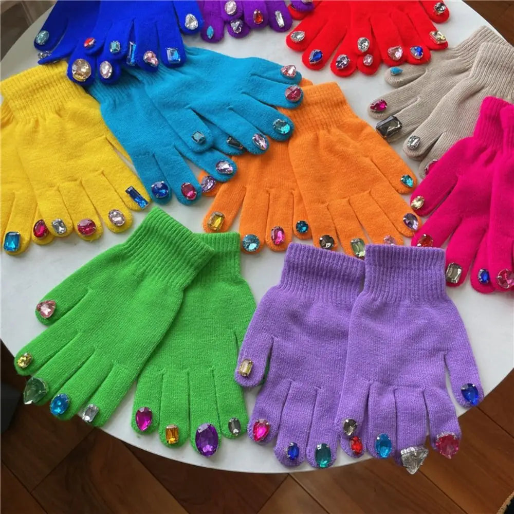 Multi-Color Rhinestone Knitted Gloves Glitter Finish Keep Warm Five-fingered Gloves Random Diamond Embellishments Main image