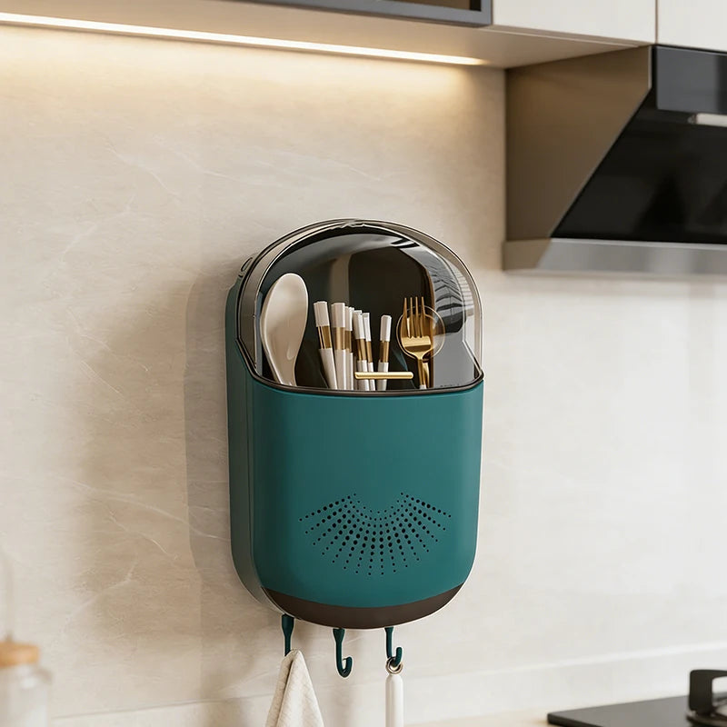 Wall Mounted Chopstick Holder with Lid, No-Drain Kitchen Organizer with Hooks & Phone Stand, Dustproof Cutlery Storage Rack