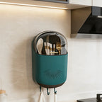 Wall Mounted Chopstick Holder with Lid, No-Drain Kitchen Organizer with Hooks & Phone Stand, Dustproof Cutlery Storage Rack