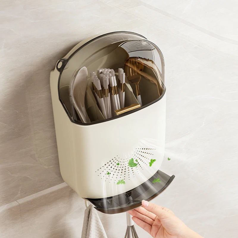 Wall Mounted Chopstick Holder with Lid, No-Drain Kitchen Organizer with Hooks & Phone Stand, Dustproof Cutlery Storage Rack