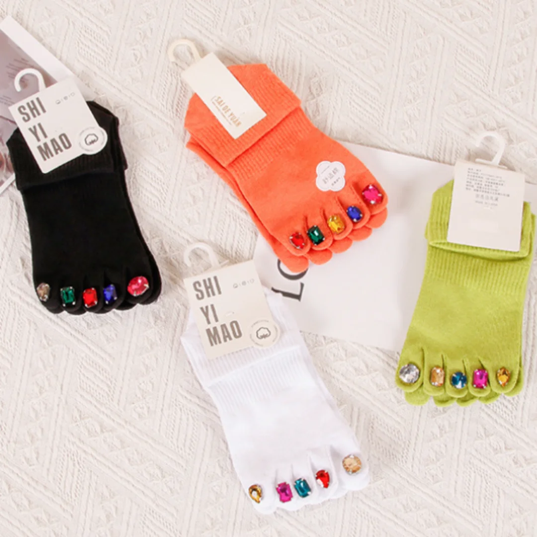 Creative Rhinestone Toe Nail Art Five‑Toe Socks, Breathable Polyester Split‑Toe Mid‑Calf Socks, Multi‑Color Trendy Casual Socks