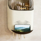 Wall Mounted Chopstick Holder with Lid, No-Drain Kitchen Organizer with Hooks & Phone Stand, Dustproof Cutlery Storage Rack