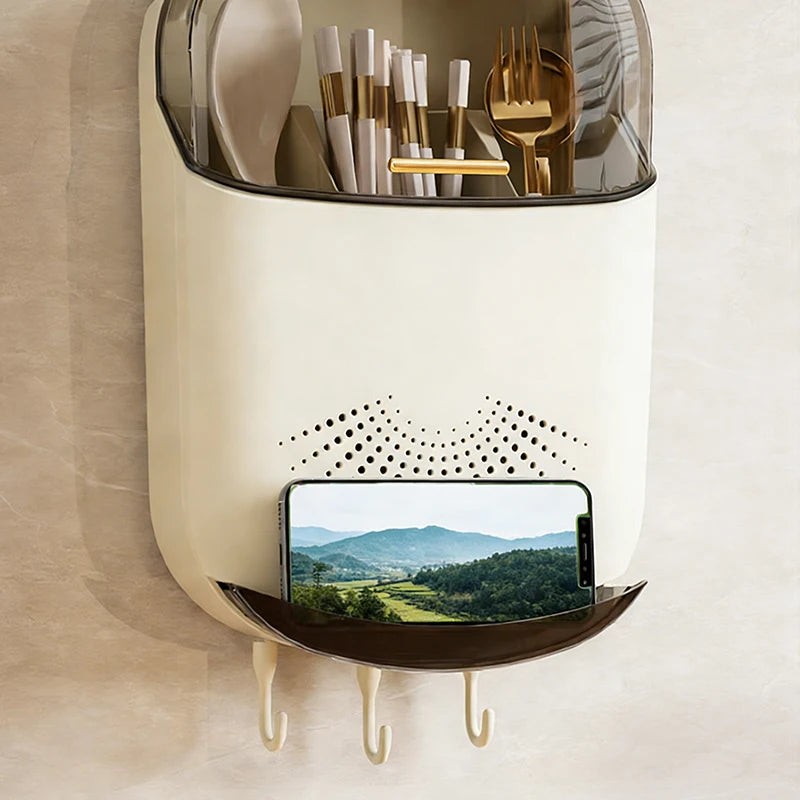Wall Mounted Chopstick Holder with Lid, No-Drain Kitchen Organizer with Hooks & Phone Stand, Dustproof Cutlery Storage Rack