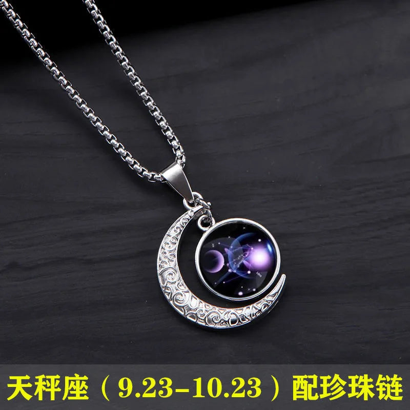New Zodiac Sign Necklaces for Men Women Trendy Luminous Pendant Necklaces Cool Unique Couple Hip-hop Necklaces Stainless Steel