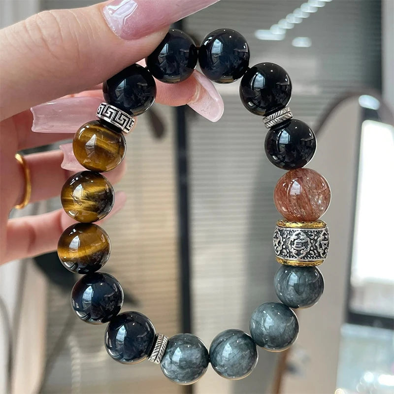 12mm Natural Yellow Tiger Eye Stone Transfer Bead Bracelet with Natural Lightning Pattern, Fashionable and Cool Unisex Bracelet