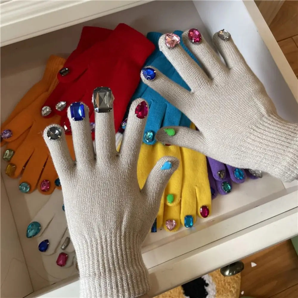 Multi-Color Rhinestone Knitted Gloves Glitter Finish Keep Warm Five-fingered Gloves Random Diamond Embellishments