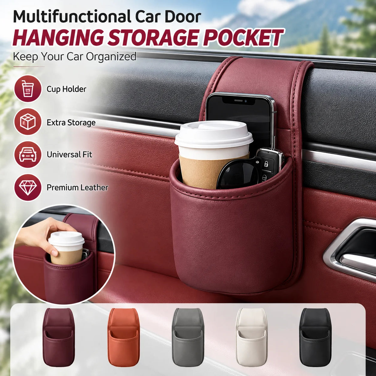Multifunctional Car Door Hanging Storage Pocket Universal Leather Cup Holder Window Side Storage Bucket Car Interior Organizer Main image