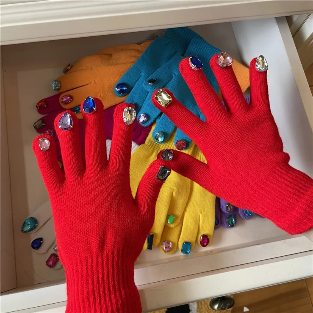 Multi-Color Rhinestone Knitted Gloves Glitter Finish Keep Warm Five-fingered Gloves Random Diamond Embellishments