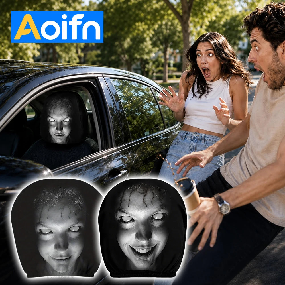 Aoifn Ghost Face Car Headrest Covers, Universal Halloween Horror Theme Headrest Covers, Scary Funny Car Interior Accessories Main image