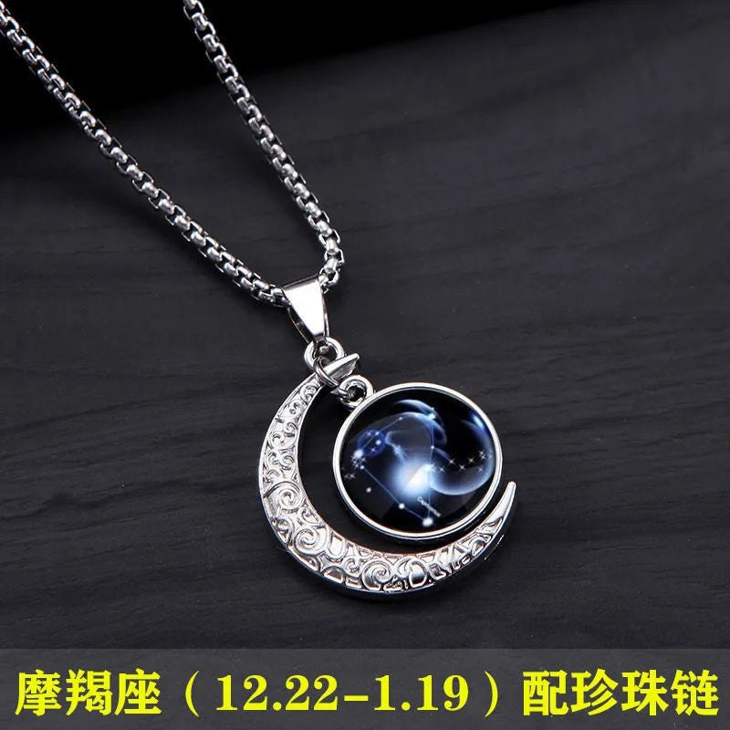 New Zodiac Sign Necklaces for Men Women Trendy Luminous Pendant Necklaces Cool Unique Couple Hip-hop Necklaces Stainless Steel