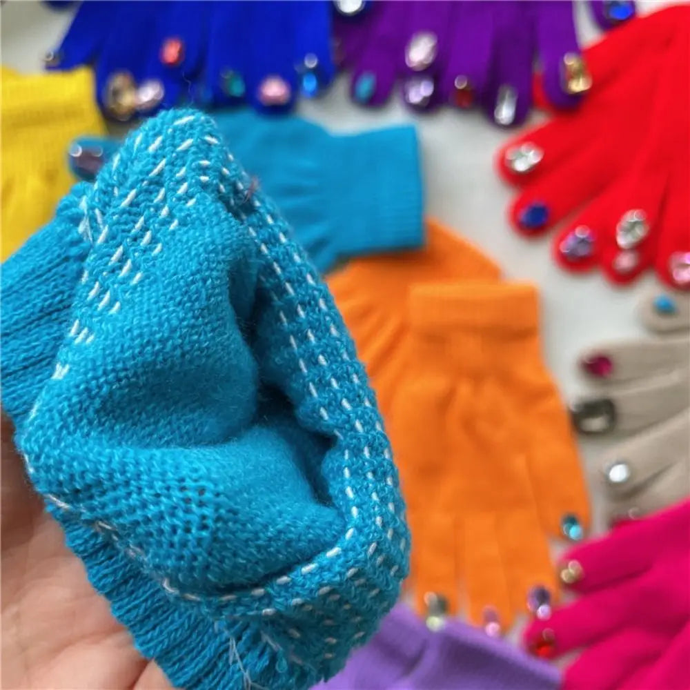 Multi-Color Rhinestone Knitted Gloves Glitter Finish Keep Warm Five-fingered Gloves Random Diamond Embellishments