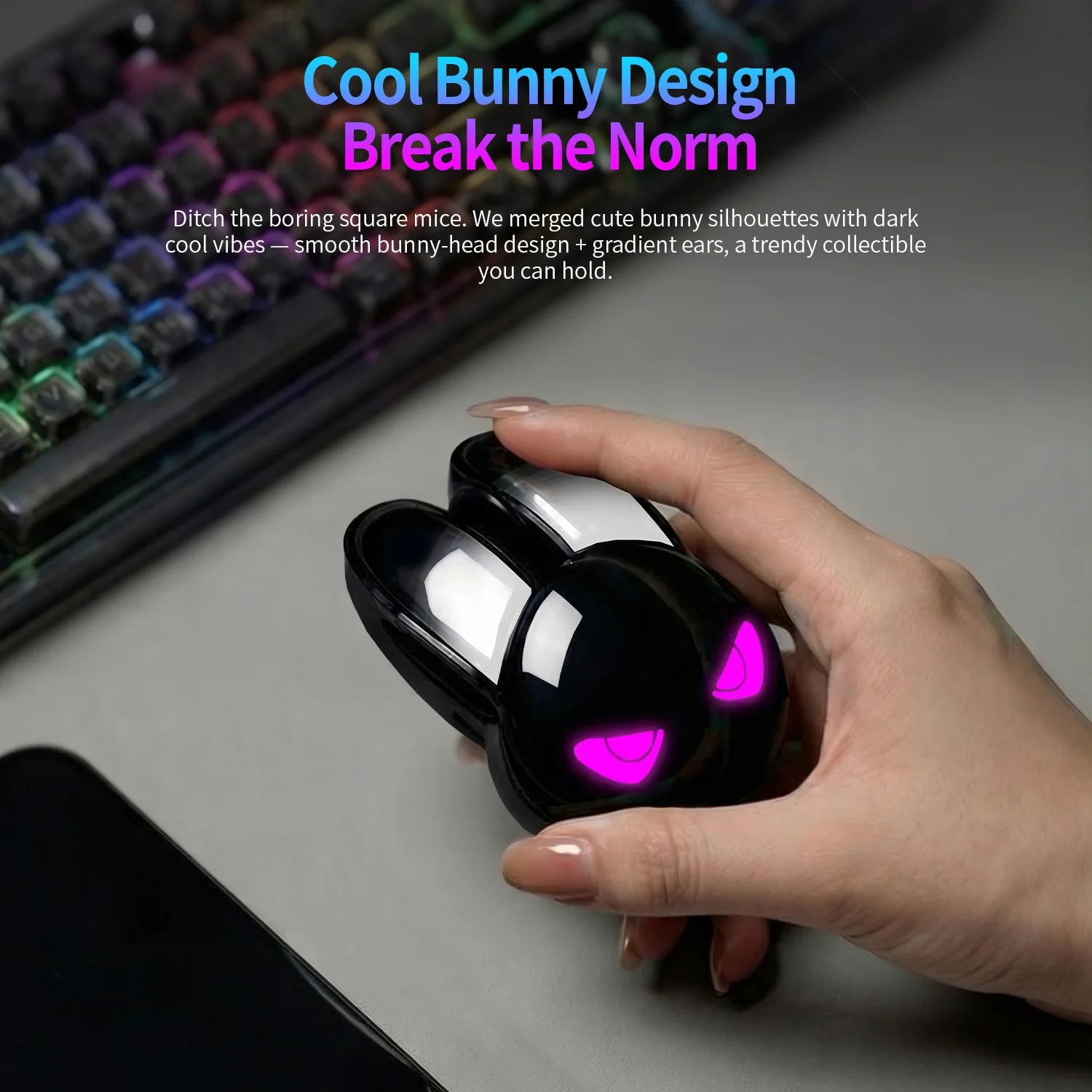 MOFII M6C Evil Rabbit Dual-mode Mouse, Black Cool Rabbit Shape, RGB Ambient Light, Silent Rechargeable, Multi-device Compatible Secondary image