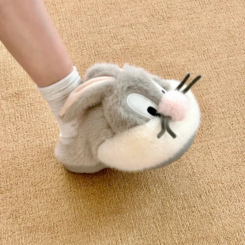 Warm Plush Winter Cotton Slippers For Women Lovely House Shoes Funny Cartoon Rabbit Style Thick Sole Female Home Fluffy Slipper