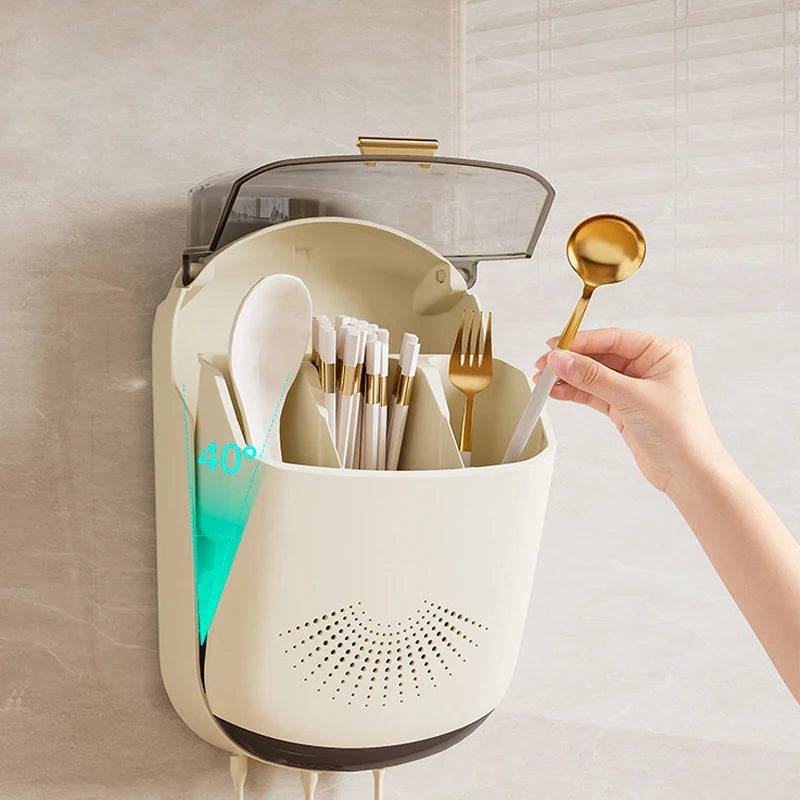 Wall Mounted Chopstick Holder with Lid, No-Drain Kitchen Organizer with Hooks & Phone Stand, Dustproof Cutlery Storage Rack