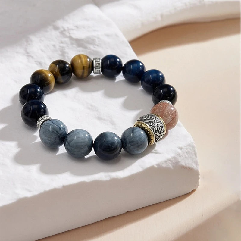 12mm Natural Yellow Tiger Eye Stone Transfer Bead Bracelet with Natural Lightning Pattern, Fashionable and Cool Unisex Bracelet
