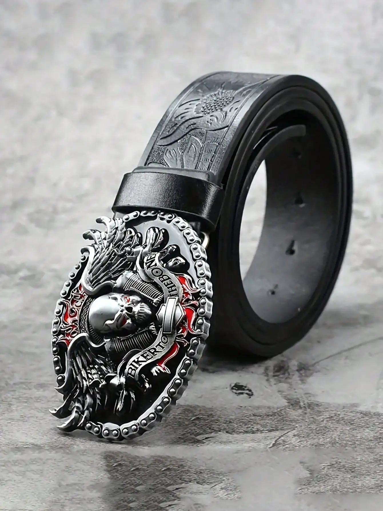 HERSHINE Men's Vintage Embossed Leather Belt (1 Piece), Skull Ghost Buckle, Y2K Gothic Punk Rock Hip Hop Accessory，spring，summer Secondary image