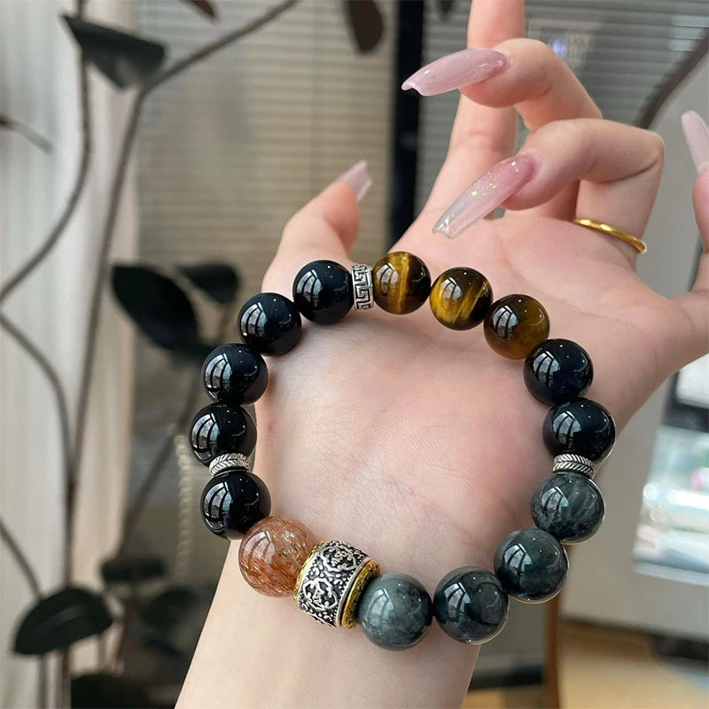 12mm Natural Yellow Tiger Eye Stone Transfer Bead Bracelet with Natural Lightning Pattern, Fashionable and Cool Unisex Bracelet