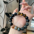12mm Natural Yellow Tiger Eye Stone Transfer Bead Bracelet with Natural Lightning Pattern, Fashionable and Cool Unisex Bracelet