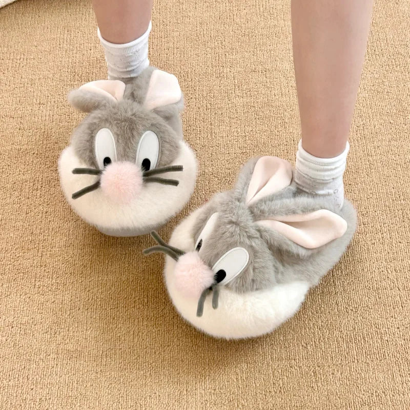 Warm Plush Winter Cotton Slippers For Women Lovely House Shoes Funny Cartoon Rabbit Style Thick Sole Female Home Fluffy Slipper