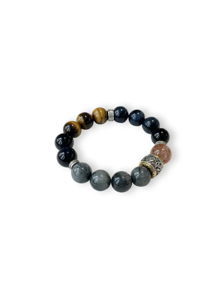 12mm Natural Yellow Tiger Eye Stone Transfer Bead Bracelet with Natural Lightning Pattern, Fashionable and Cool Unisex Bracelet