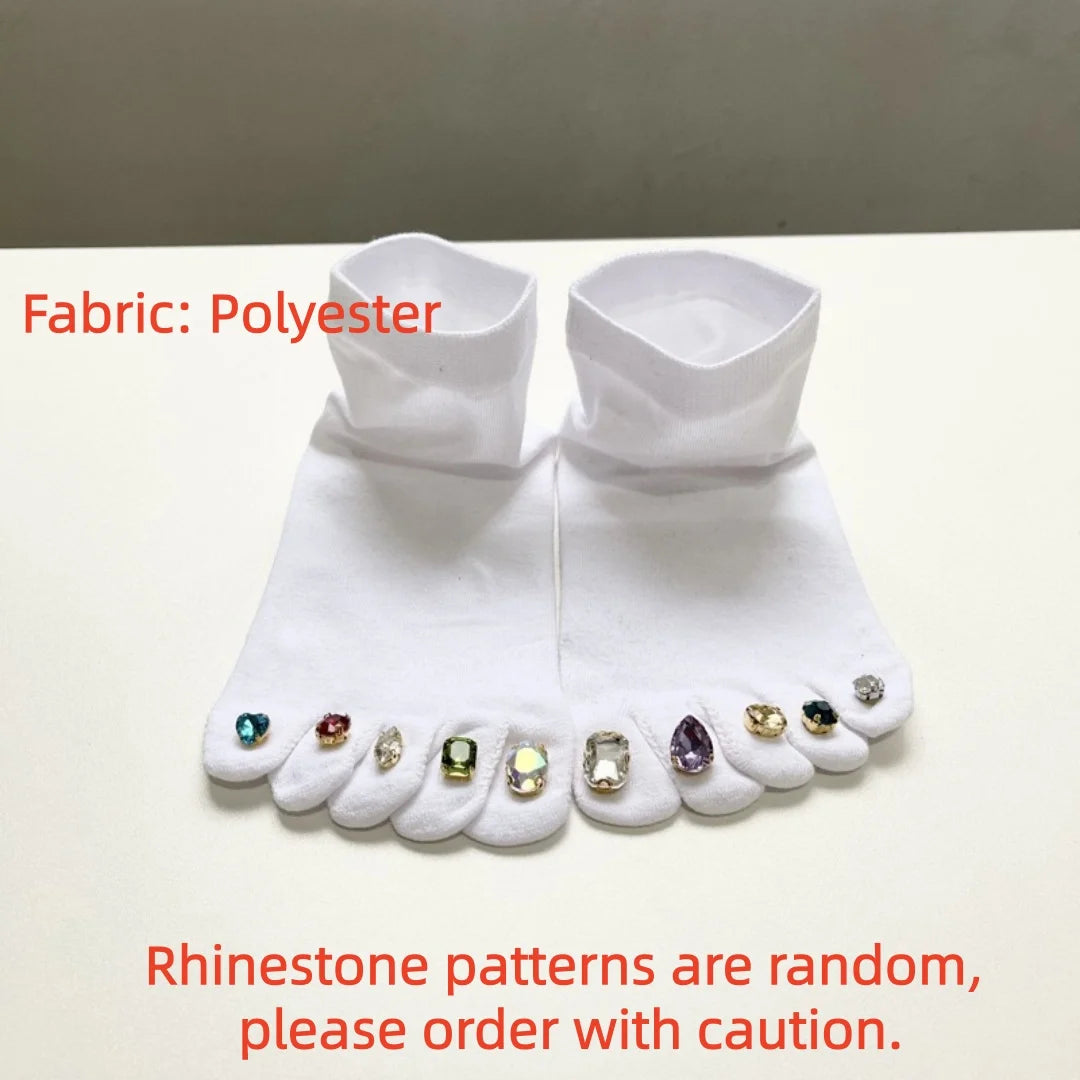 Creative Rhinestone Toe Nail Art Five‑Toe Socks, Breathable Polyester Split‑Toe Mid‑Calf Socks, Multi‑Color Trendy Casual Socks