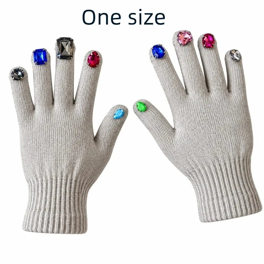 Multi-Color Rhinestone Knitted Gloves Glitter Finish Keep Warm Five-fingered Gloves Random Diamond Embellishments