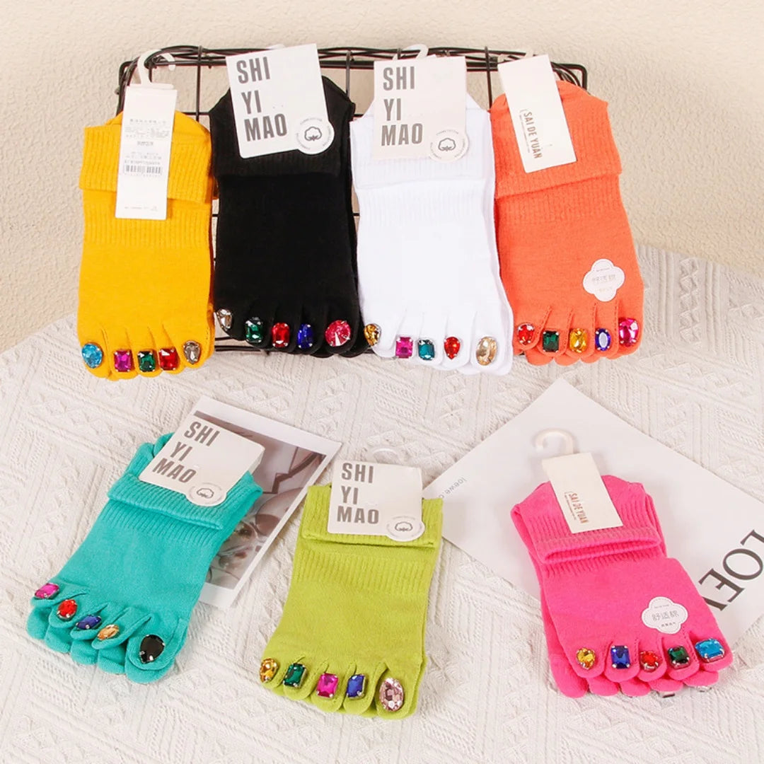 Creative Rhinestone Toe Nail Art Five‑Toe Socks, Breathable Polyester Split‑Toe Mid‑Calf Socks, Multi‑Color Trendy Casual Socks Main image