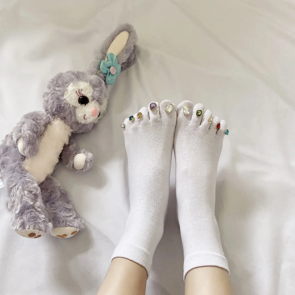 Creative Rhinestone Toe Nail Art Five‑Toe Socks, Breathable Polyester Split‑Toe Mid‑Calf Socks, Multi‑Color Trendy Casual Socks