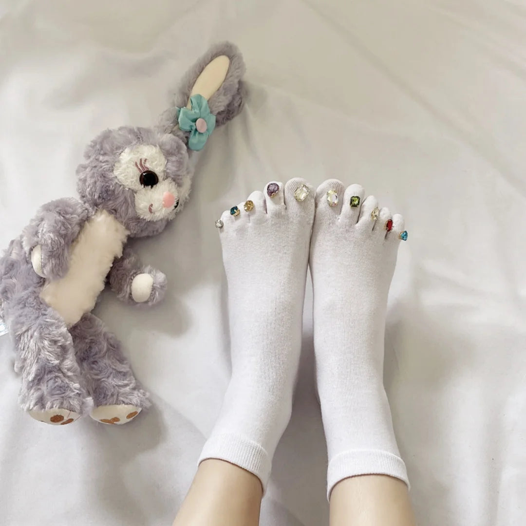 Creative Rhinestone Toe Nail Art Five‑Toe Socks, Breathable Polyester Split‑Toe Mid‑Calf Socks, Multi‑Color Trendy Casual Socks