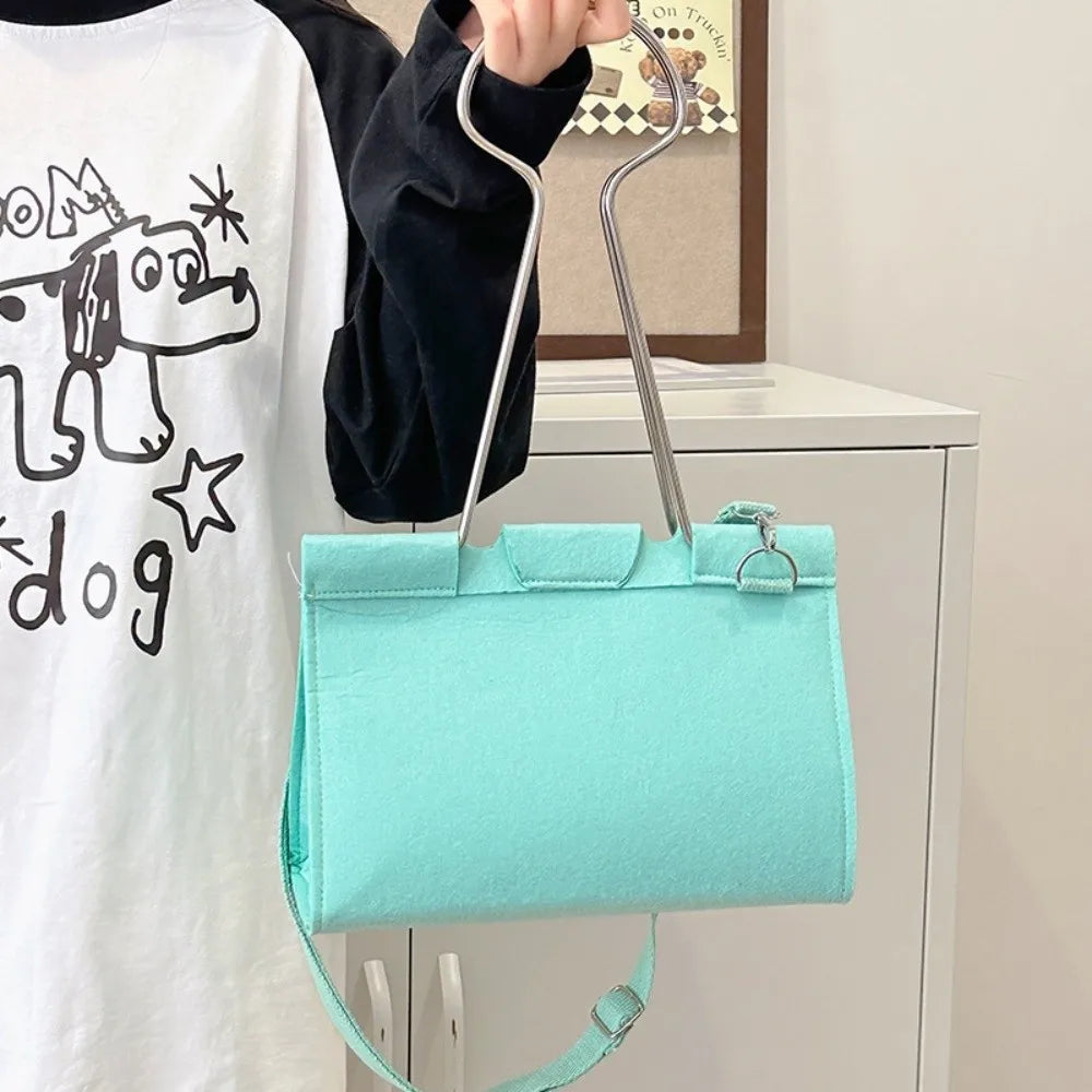 Large-Capacity Felt Binder Clip Crossbody Bag Quirky Fun Shape Long Tail Clip Handbag Solid Color Unique Funny Shoulder Bag