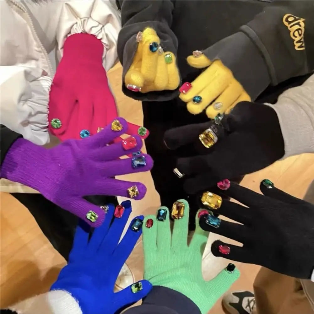 Multi-Color Rhinestone Knitted Gloves Glitter Finish Keep Warm Five-fingered Gloves Random Diamond Embellishments