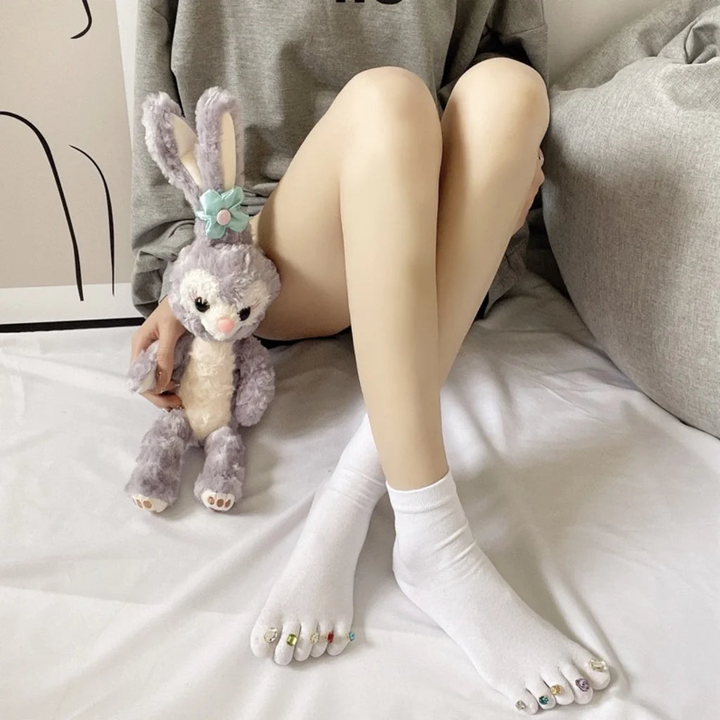 Creative Rhinestone Toe Nail Art Five‑Toe Socks, Breathable Polyester Split‑Toe Mid‑Calf Socks, Multi‑Color Trendy Casual Socks