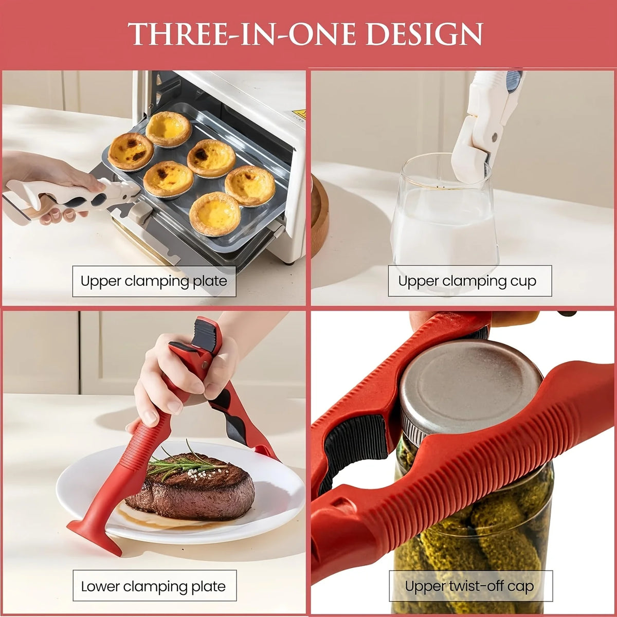 3-in-1 Heat-Proof Dish Clips for Kitchen, Anti-Slip Plate Grippers, Labor-saving Bottle Opener Integrated at the Tail
