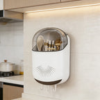 Wall Mounted Chopstick Holder with Lid, No-Drain Kitchen Organizer with Hooks & Phone Stand, Dustproof Cutlery Storage Rack