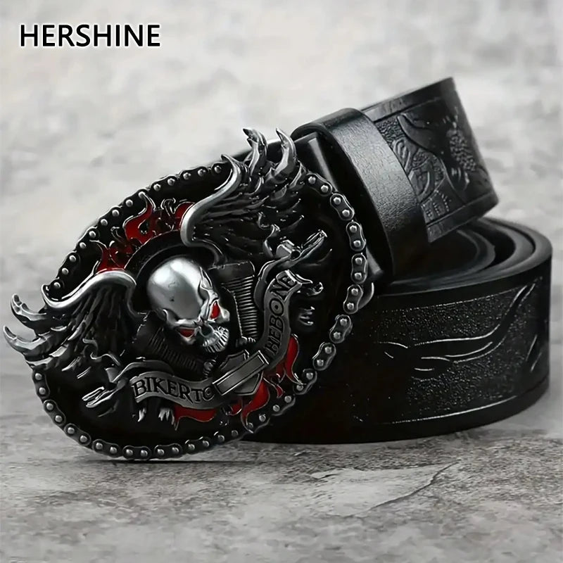 HERSHINE Men's Vintage Embossed Leather Belt (1 Piece), Skull Ghost Buckle, Y2K Gothic Punk Rock Hip Hop Accessory，spring，summer Main image