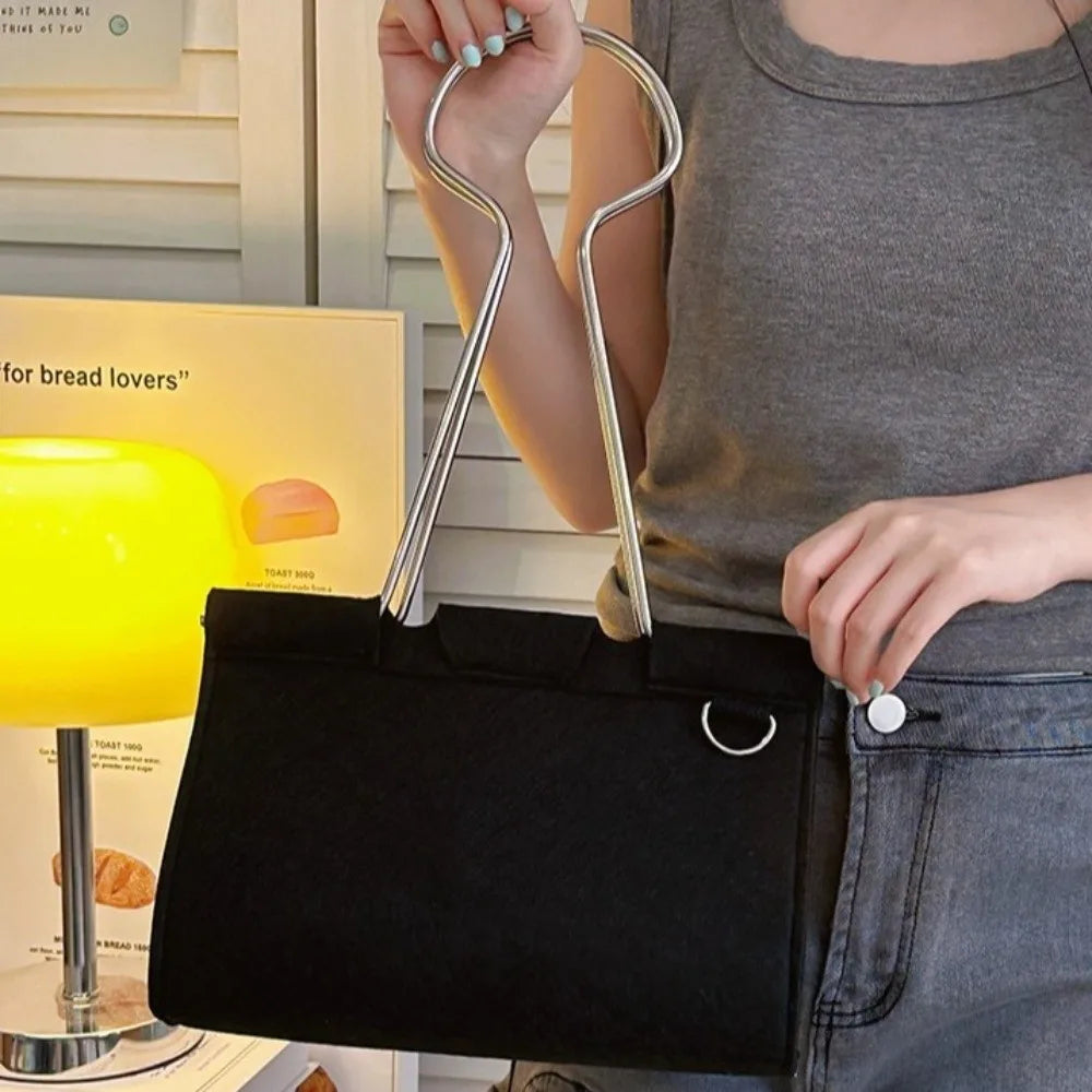 Large-Capacity Felt Binder Clip Crossbody Bag Quirky Fun Shape Long Tail Clip Handbag Solid Color Unique Funny Shoulder Bag
